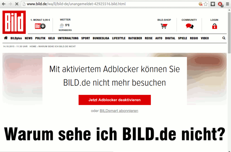 BILD Online reagiert auf Browser mit Ad Blockern