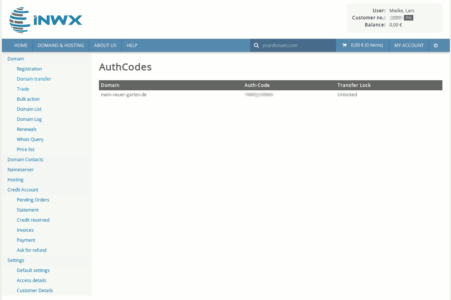 INWX generiert den Auth-Code für den Domaintransfer