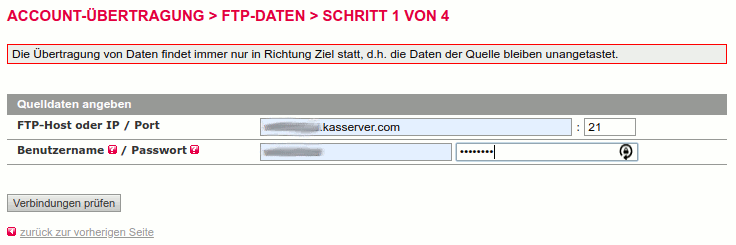 FTP-Daten Eingabe bei der Account-Übertragung innerhalb KAS All-inkl.com