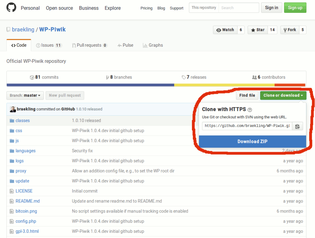 GitHub Account des WP Piwik Entwicklers