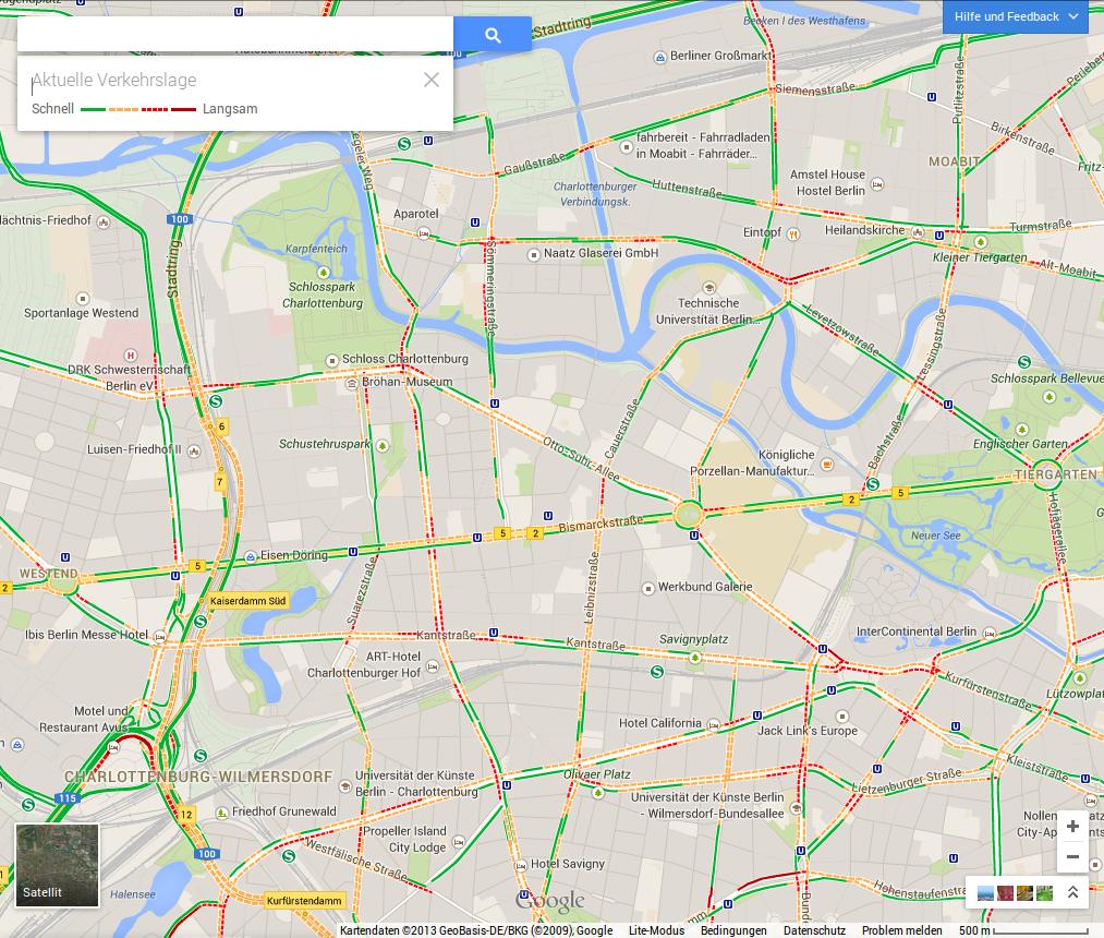 Im neuen Google Maps wird der aktuelle Verkehrsfluß angezeigt.