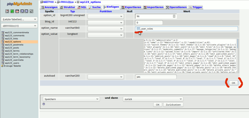 in phpmyadmin Einträge manuell bearbeiten