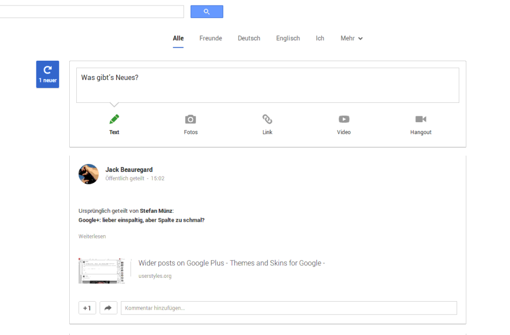 Google+ Mittelspalte jetzt mit 900 Pixel Weite