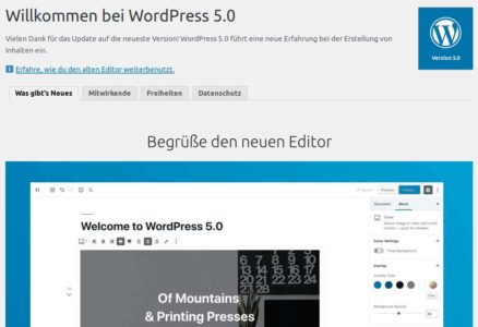 Willkommensbildschirm nach WordPress 5.0 Update